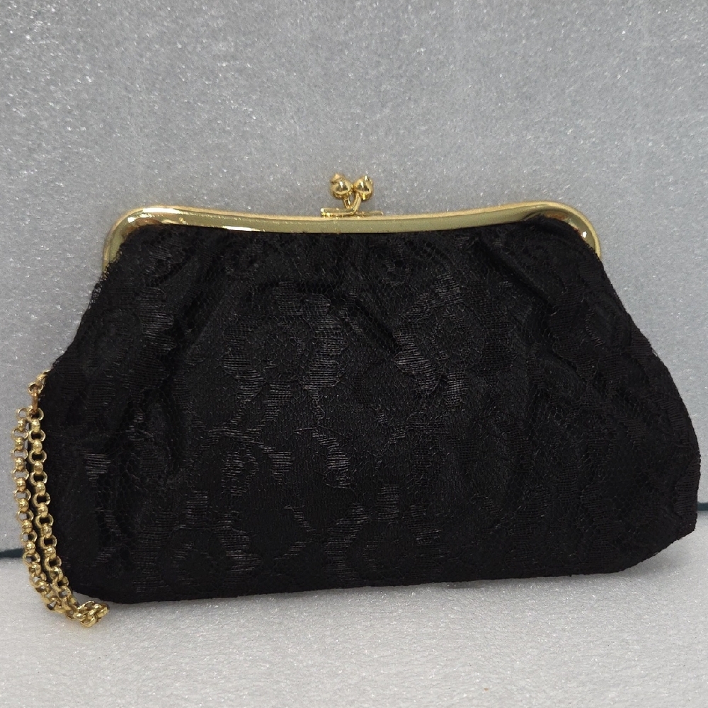 Elegant Vintage Black Lace Clutch with Gold Accents by St Thomas